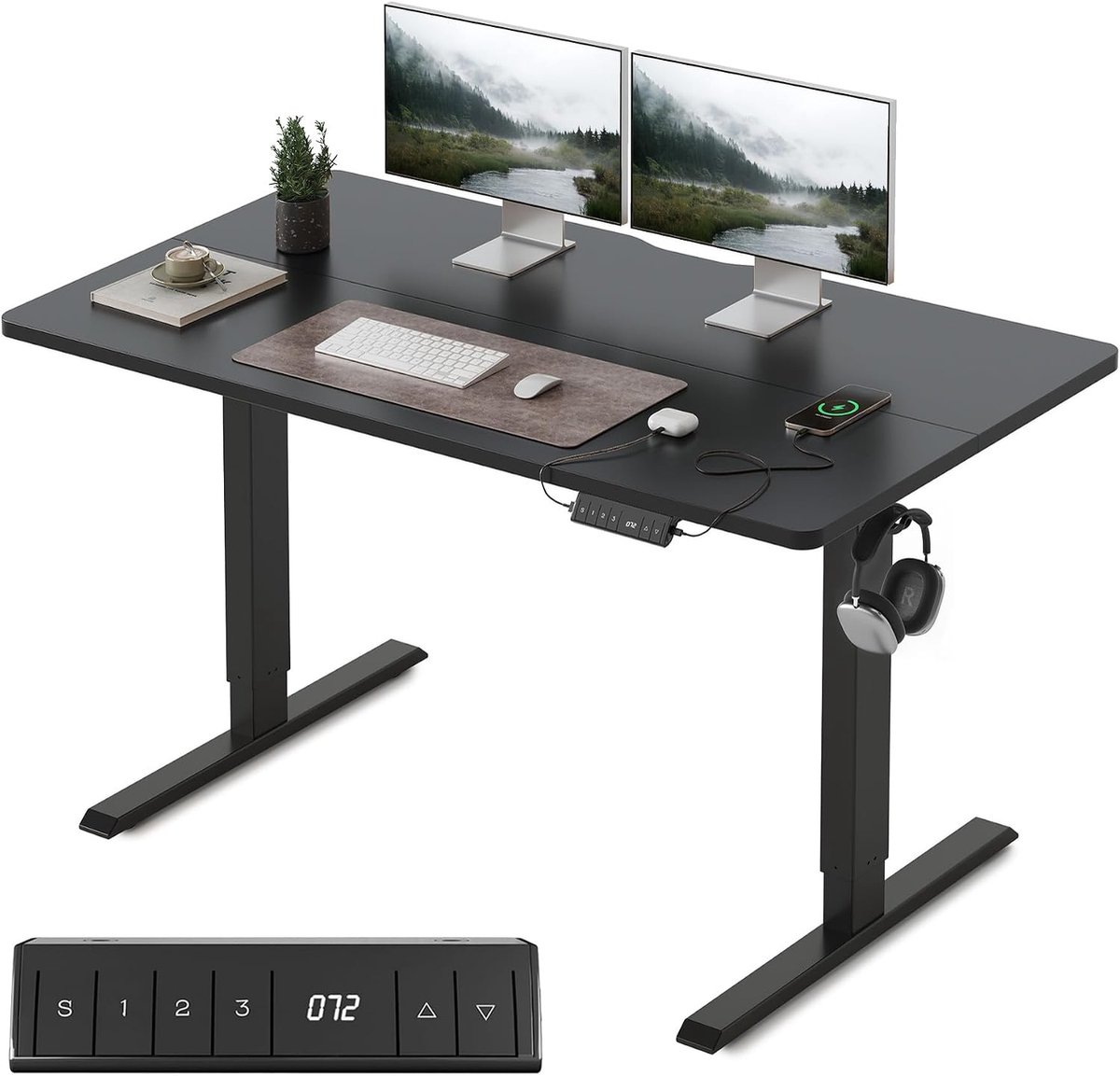 In hoogte verstelbaar bureau met USB-A- en USB-C-oplaadpoorten, 120 x 60 cm sta-zit-tafel, elektrisch in hoogte verstelbaar bureau, ergonomisch computerbureau voor thuiskantoor, zwart