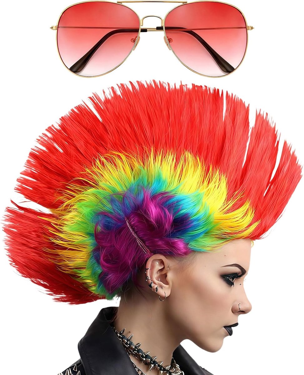 Mohican pruik, grappige pruik, jaren 80 rocker grappige pruiken met zonnebril, verkleedpruik, rocker fancy accessoires voor muziekfestivals, feesten, speciale evenementen
