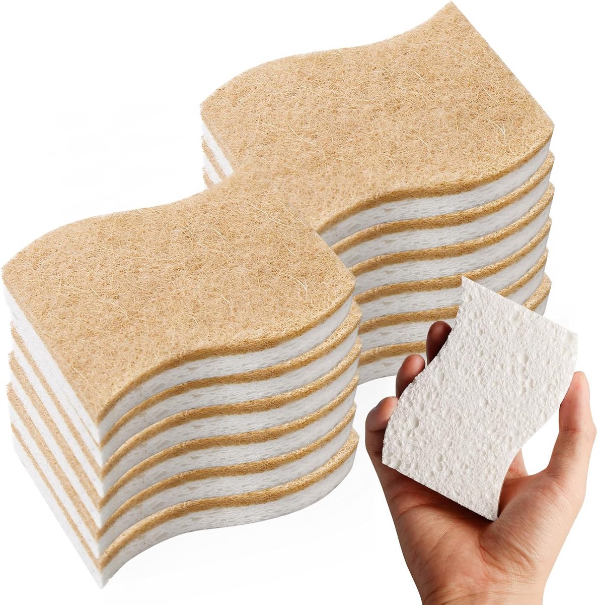 Spons, keukensponzen, set van 12, natuurlijke sponzen van houtvezels, huishoudspons, biologisch afbreekbaar, milieuvriendelijke natuurlijke spons, geurloos, voor keuken en badkamer