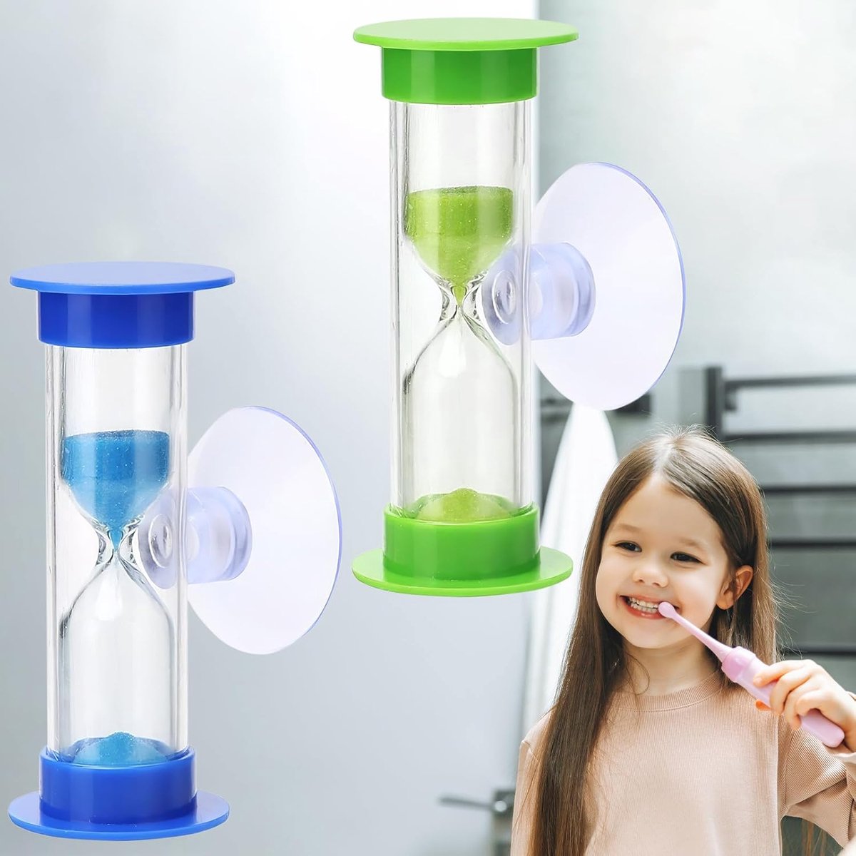 Zandloperset voor kinderen, 2 stuks, kleine zandlopers, 2 minuten en 3 minuten, met zuignap, kleurrijke zandtimer, cadeaus voor kinderen, tandenpoetsen, leren, speltiming, school, klaslokaal, keuken