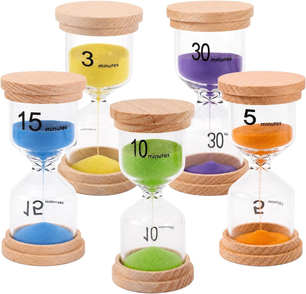 Zandloperset met 5 kleurrijke zandlopers, 3/5/10/15/30 minuten, borosilisch glas, visuele timer voor tijdmanagement, voor kinderen, keuken, school, spelletjes, kantoor, decoratie