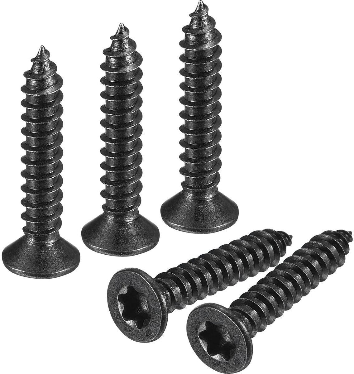 #8 x 7/8 inch platte kop Torx/ster houtschroeven, 100 stuks 304 roestvrij staal, volledige schroefdraad, zwart gecoat, zelfsnijdend, geschikt voor T20 bit voor hout, zacht metaal