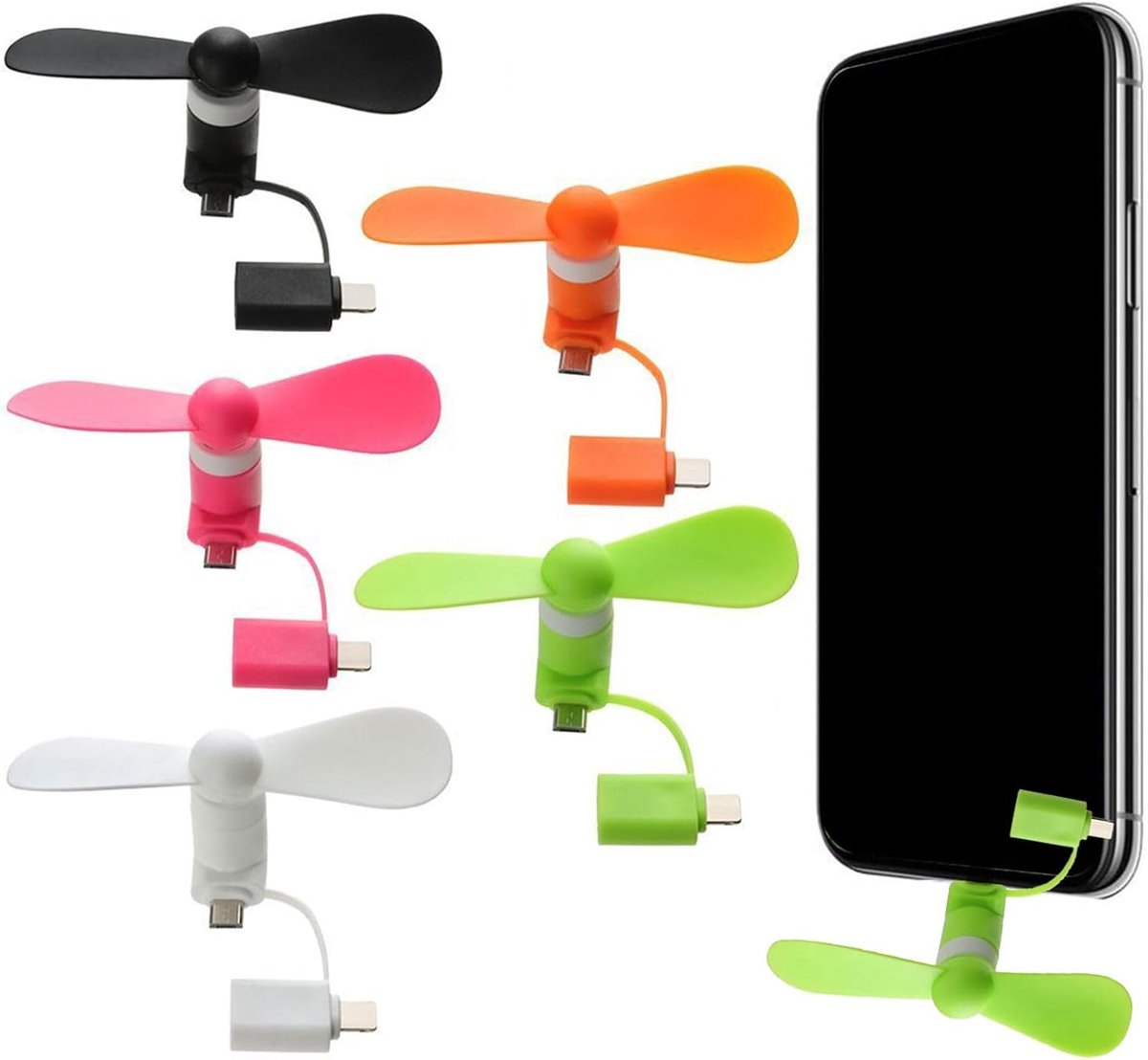 Mini gsm-ventilator, gsm-ventilator, 5 stuks, draagbare mini-USB-gsm-ventilator, draagbare koeler, roterende ventilator, USB kleine stille ventilator (zwart + wit + oranje + groen + roze)