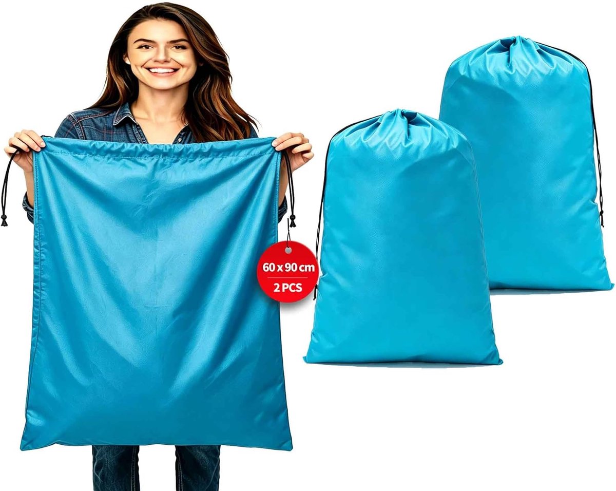 Waszakken voor op reis, 60 x 90 cm, grote capaciteit, waszak voor op reis, Waszak Reizen met koordsluiting, stof 120 liter, (lichtblauw)