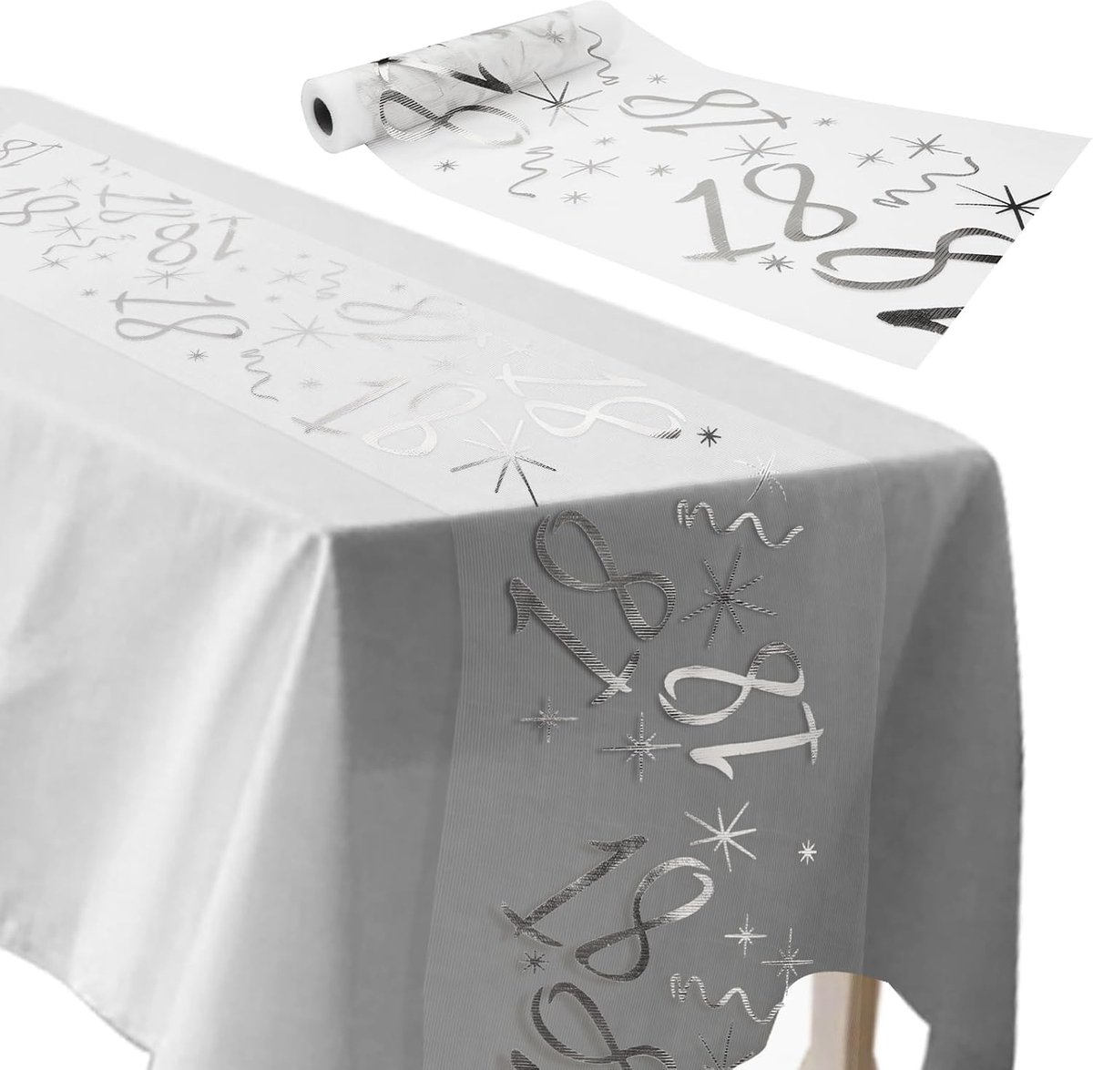Tafelloper voor 18e verjaardag, 28 cm x 10 m, tafeldecoratie voor verjaardag, op maat te snijden, zilverkleurig, voor verjaardagsfeestje, jubileumfeest