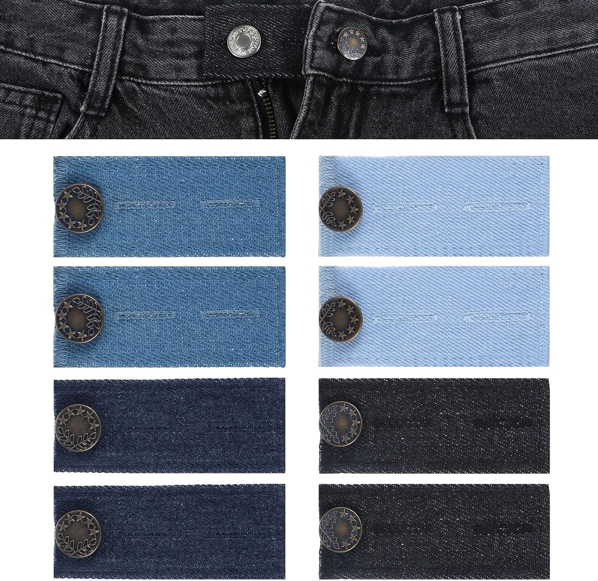 Knoopverlenging voor broeken, elastische tailleverlenging voor broeken, jeans, rokken, zwangerschapsbroek, 4 kleuren, 7,5 x 3,5 cm, 8 stuks