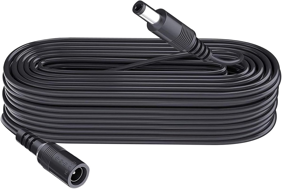 5 m DC-voedingsverlengkabel, stekker 5,5 mm x 2,1 mm, ondersteunt DC 5V 6V 9V 12V 24V, voor beveiligingscamera's, DVR, routers, printers, LED-strip, zwart
