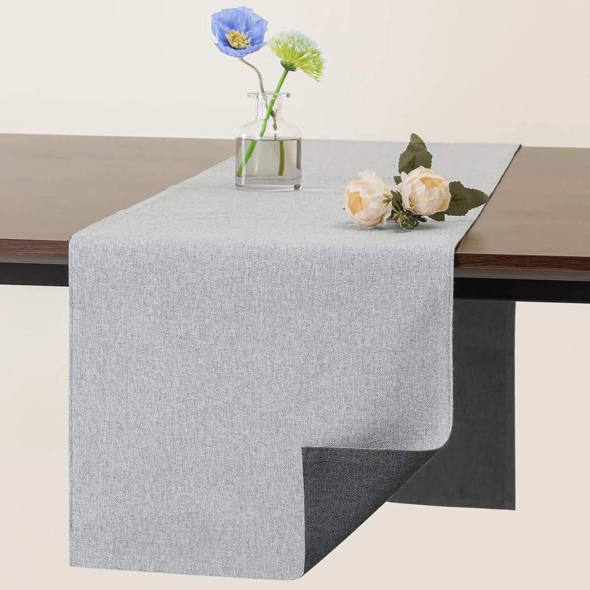 Tafelloper, boerderijstijl, antislip, hittebestendige tafelloper, machinewasbaar en onderhoudsvriendelijk faux linnen (lichtgrijs - grijs, tafelloper 30,5 x 238,8 cm)