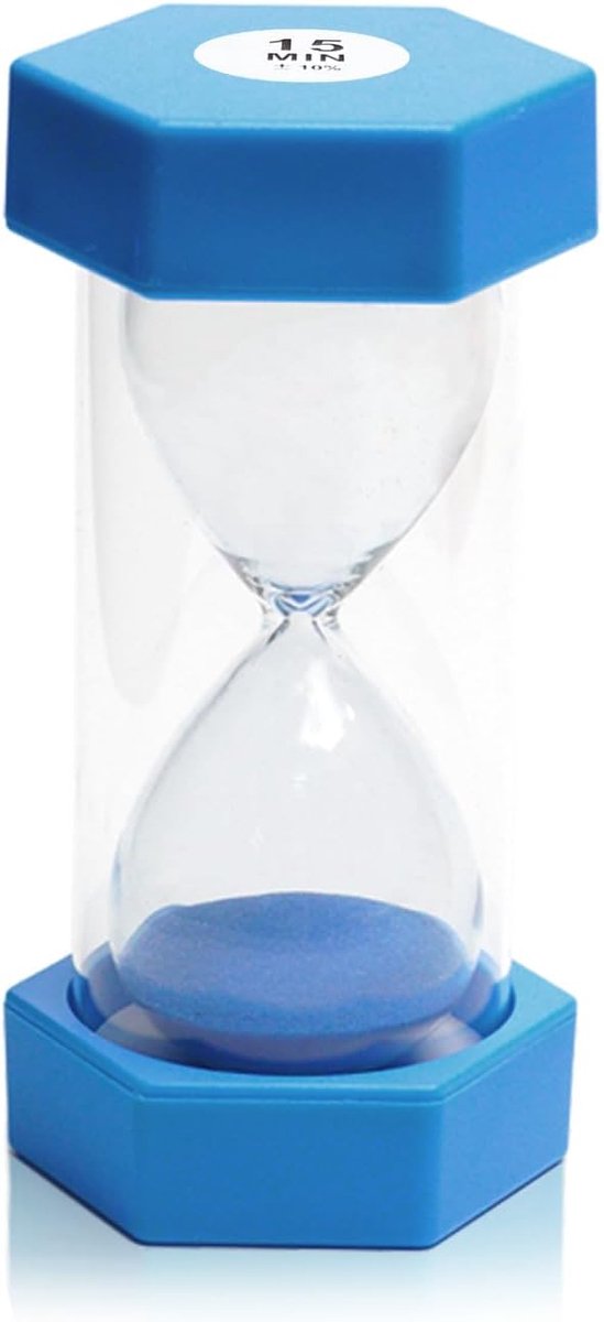 Zandloper voor kinderen, uurmeter, zandlopers, zeshoekige zandlopertimer, zandloper, glazen timer, keuken-timer, tijdmanagement (15 minuten, blauw)