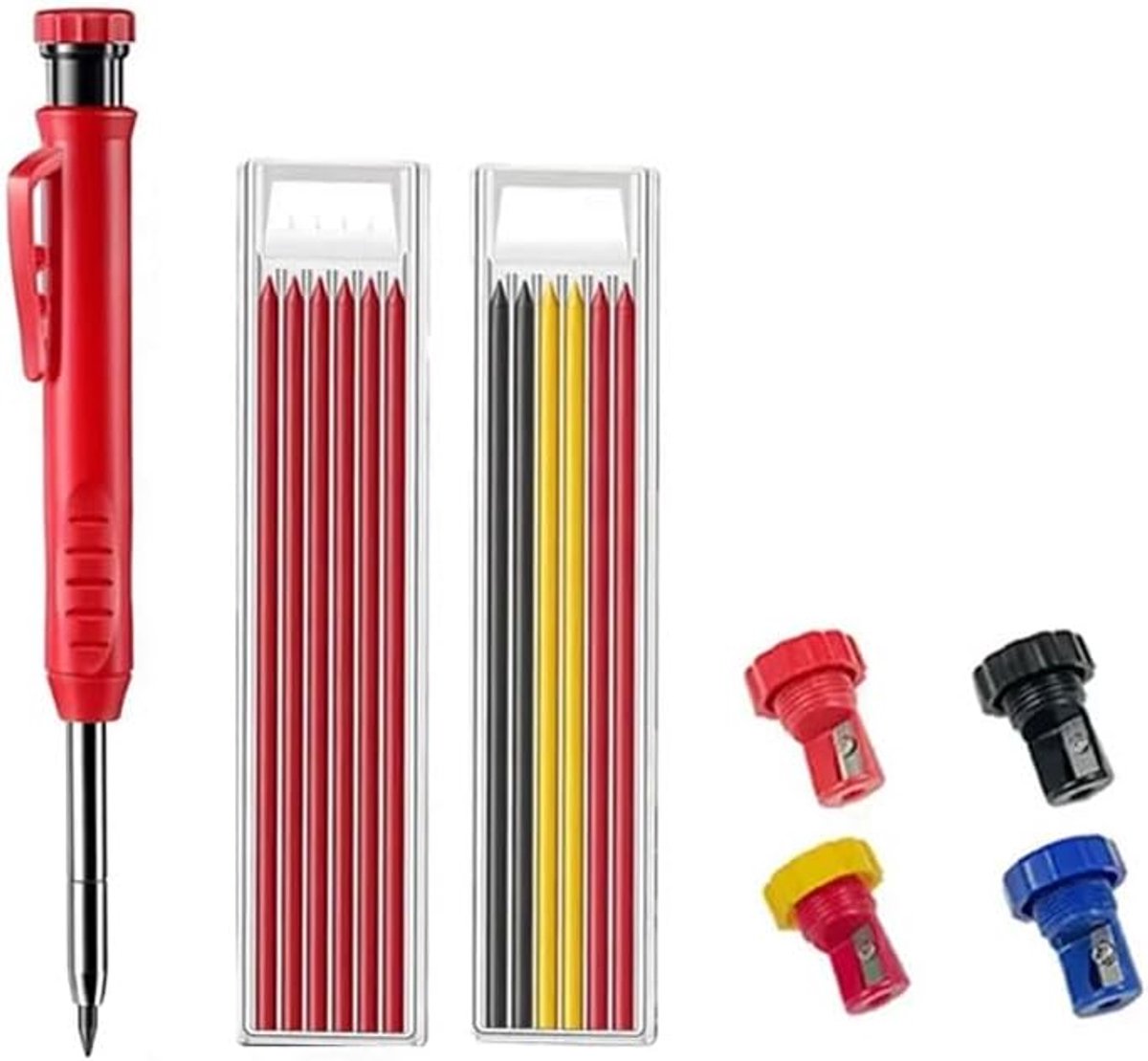 Timmermanspotloden set diep gat marker boor gat marker marker pen mechanisch potlood ingebouwde slijper voor timmerman houtbewerking (rood)