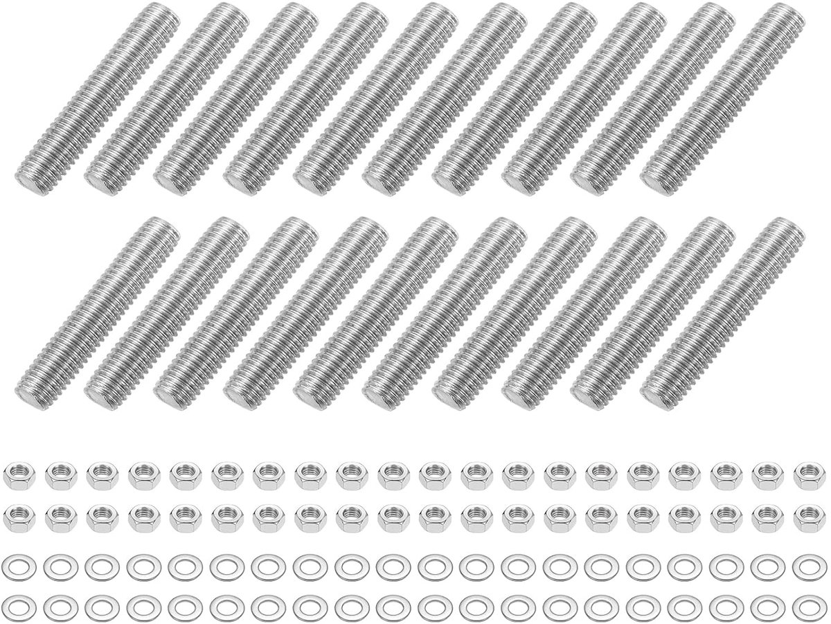 20 stuks schroefdraadstangen M8 x 40 mm, roestvrijstalen stokschroeven, schroefdraadpennen met 40 stuks zeskantmoeren en 40 stuks sluitringen, volledige schroefdraadstang voor meubels