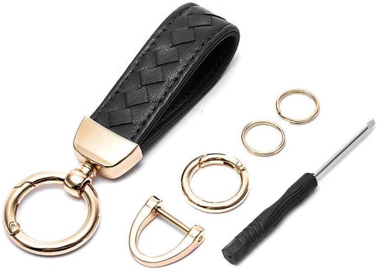 Auto leer gevlochten leer universele sleutelhanger Inter vervanging accessoires voor mannen en vrouwen D-ring sleutelhanger, Zwart