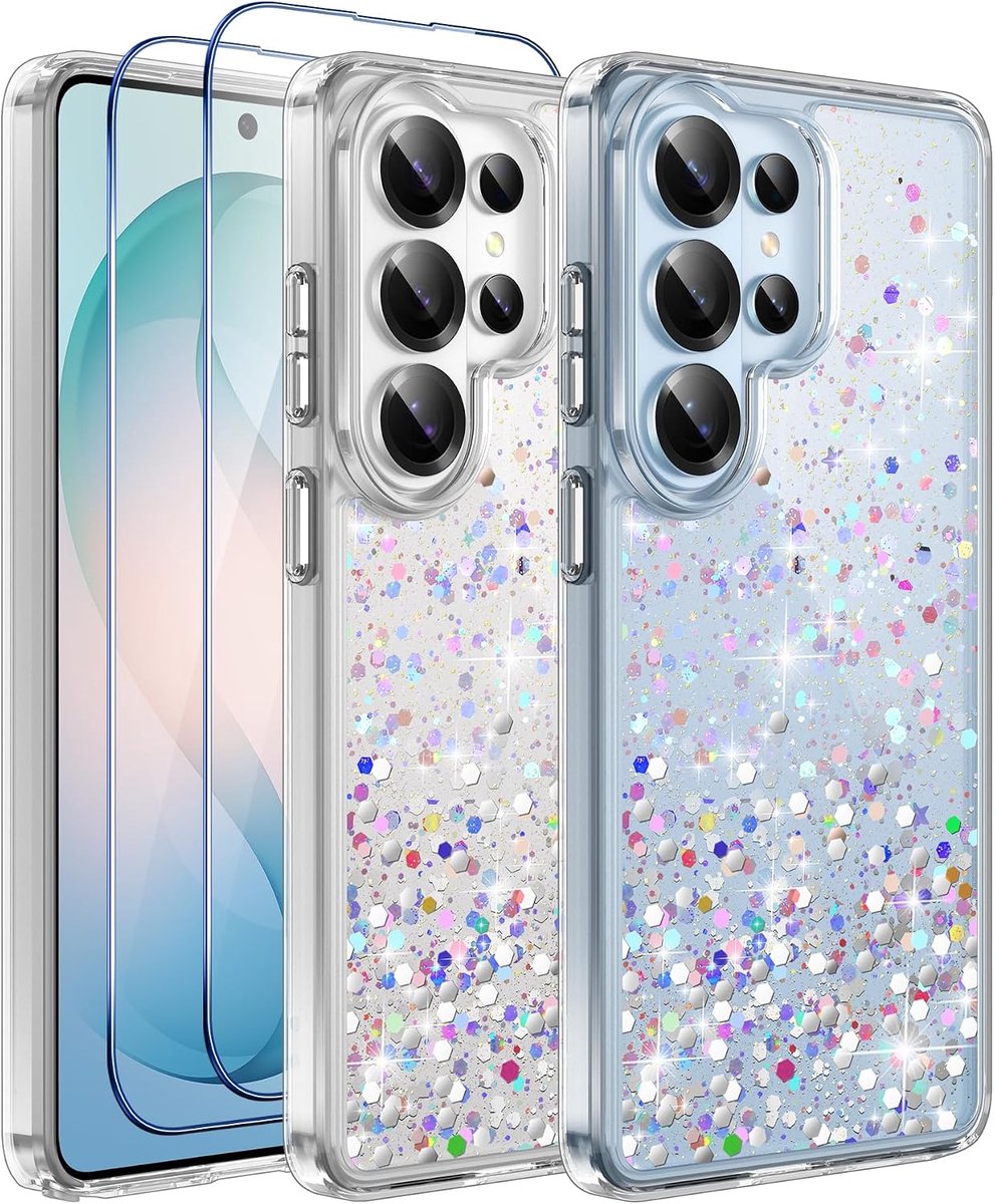ivencase Transparant glitterhoesje compatibel met de Samsung Galaxy S26 Ultra, met 2 schermbeschermers, TPU siliconen sprankelende bling ster zachte hoes flexibel transparant schokbestendig hoesje