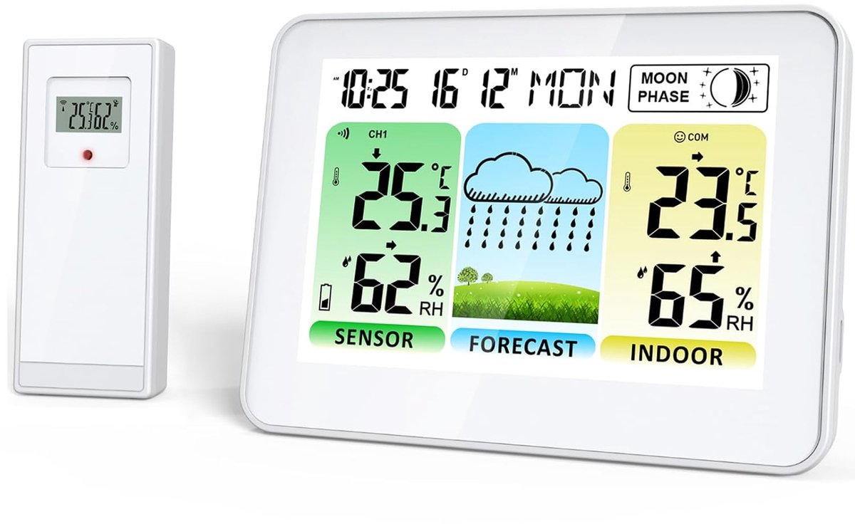 Weerstations binnen- en buitentemperatuur, draadloos met weersvoorspelling, groot lcd-kleurendisplay, luchtvochtigheid, maanfase, wekker, verlichting