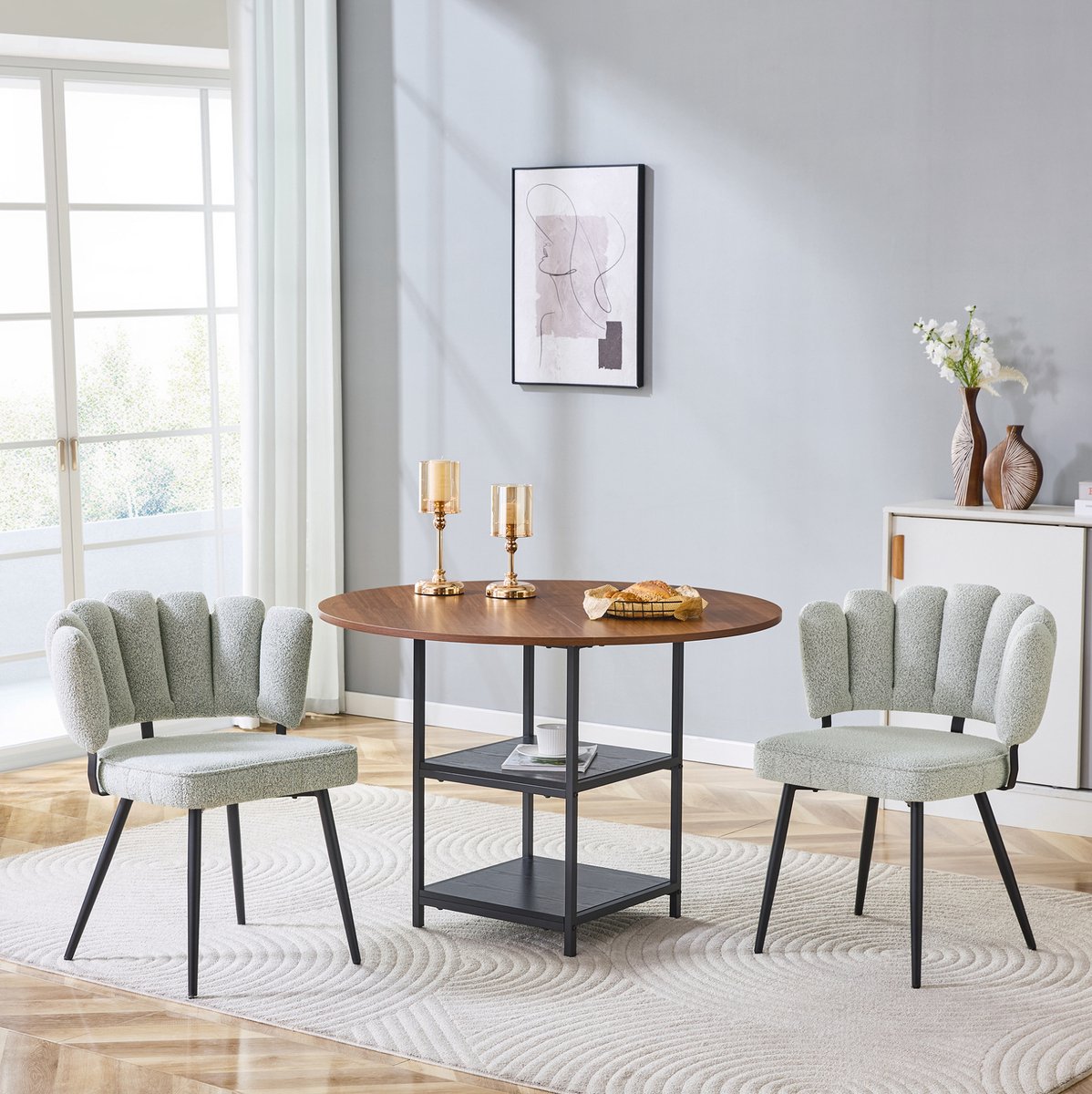MODFU Eettafel En Stoelenset - Rond - 2 Stoelen - Walnootlook - Lichtbeige - Metaal