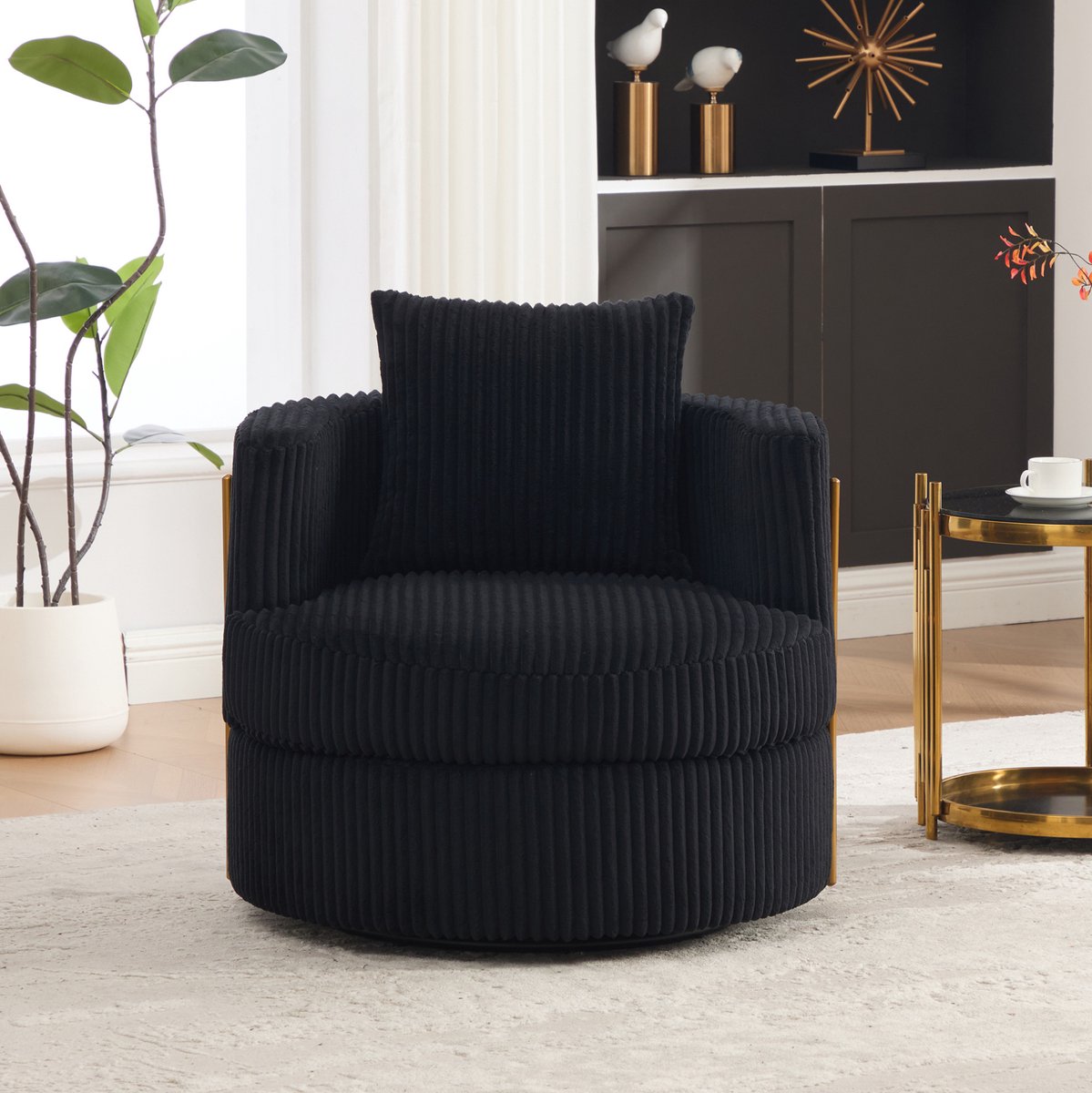 FloraGrace Fauteuil – 1-Zits 360° Draaibaar Met Armleuningen & Opbergruimte – Hoogdicht Schuim – Slaapkamer of Woonkamer – Cord – Zwart