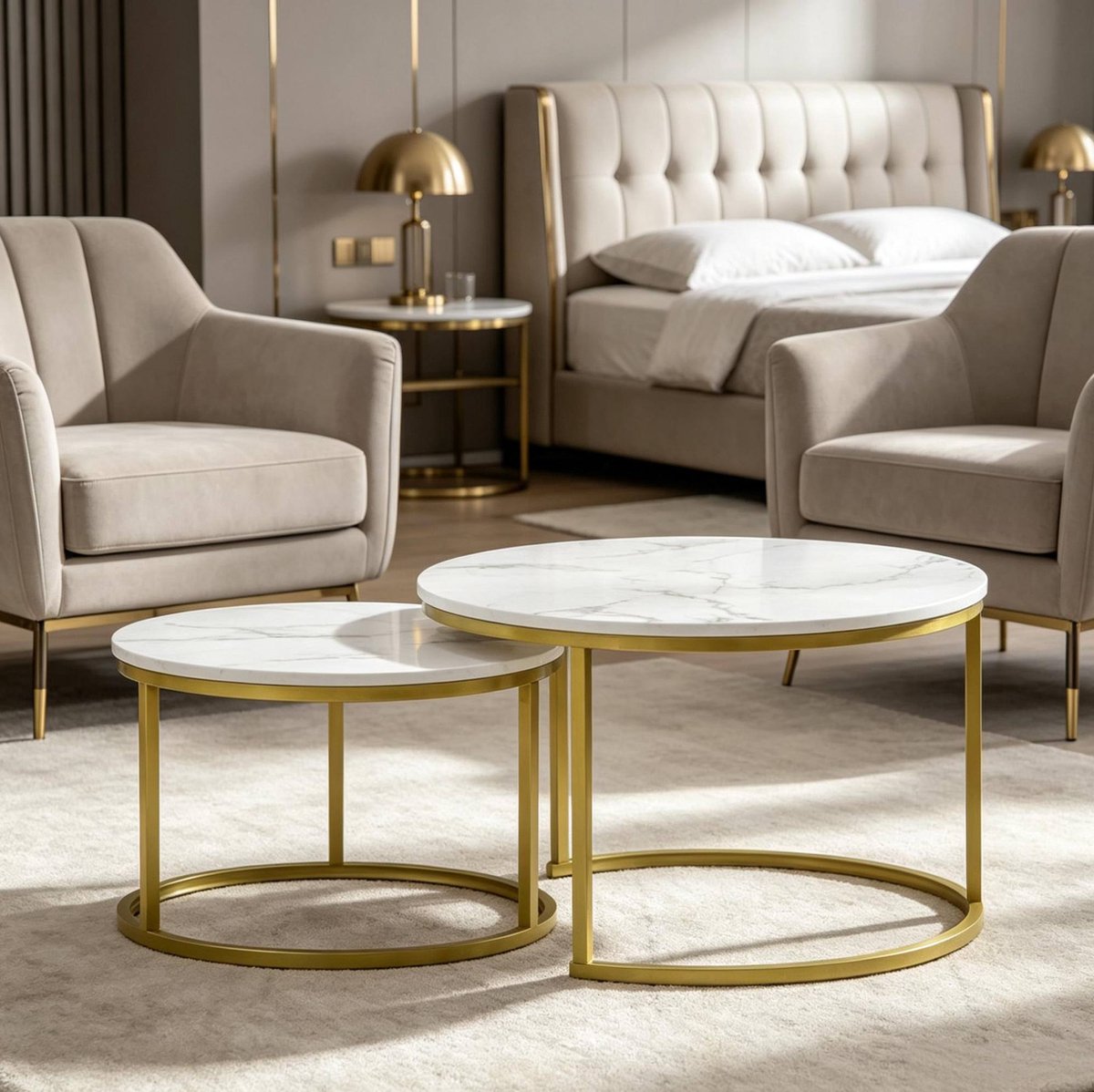 STILVORA Bijzettafel Set Van 2 - Ronde Marmerlook Tafel Met Gouden Metalen Onderstel - Modern Voor Woonkamer En Slaapkamer - Wit En Goud - 74 Cm