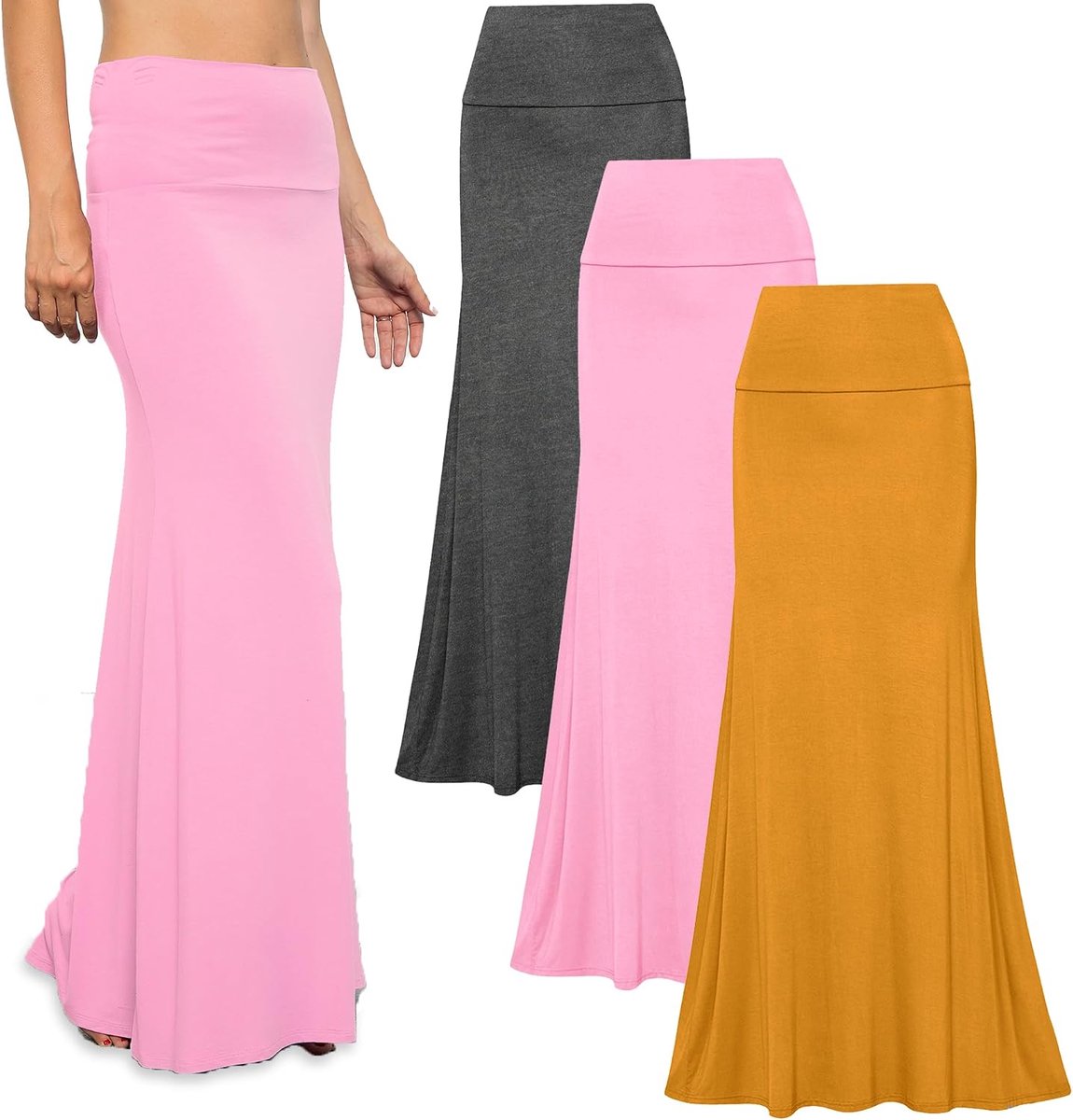 To Live 3 Pack Long Skirts for Women Fall Winter Flowy Maxi Skirt High Waist Fold Over (Small, Charcoal, Mustard, Pink)