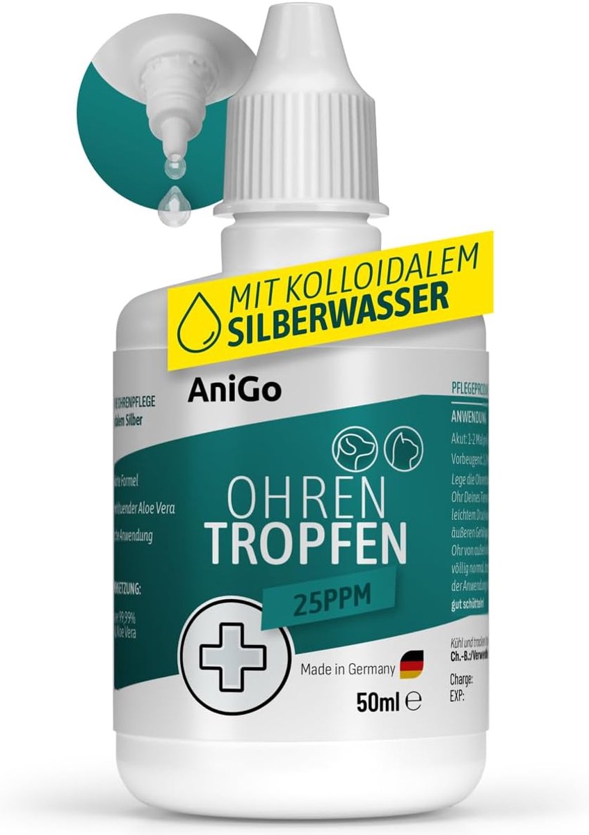 Oordruppels voor honden en katten - colloidaal zilver 25 ppm - voor oorontstekingen - ondersteunt oorhygiëne - SnelShoppen
