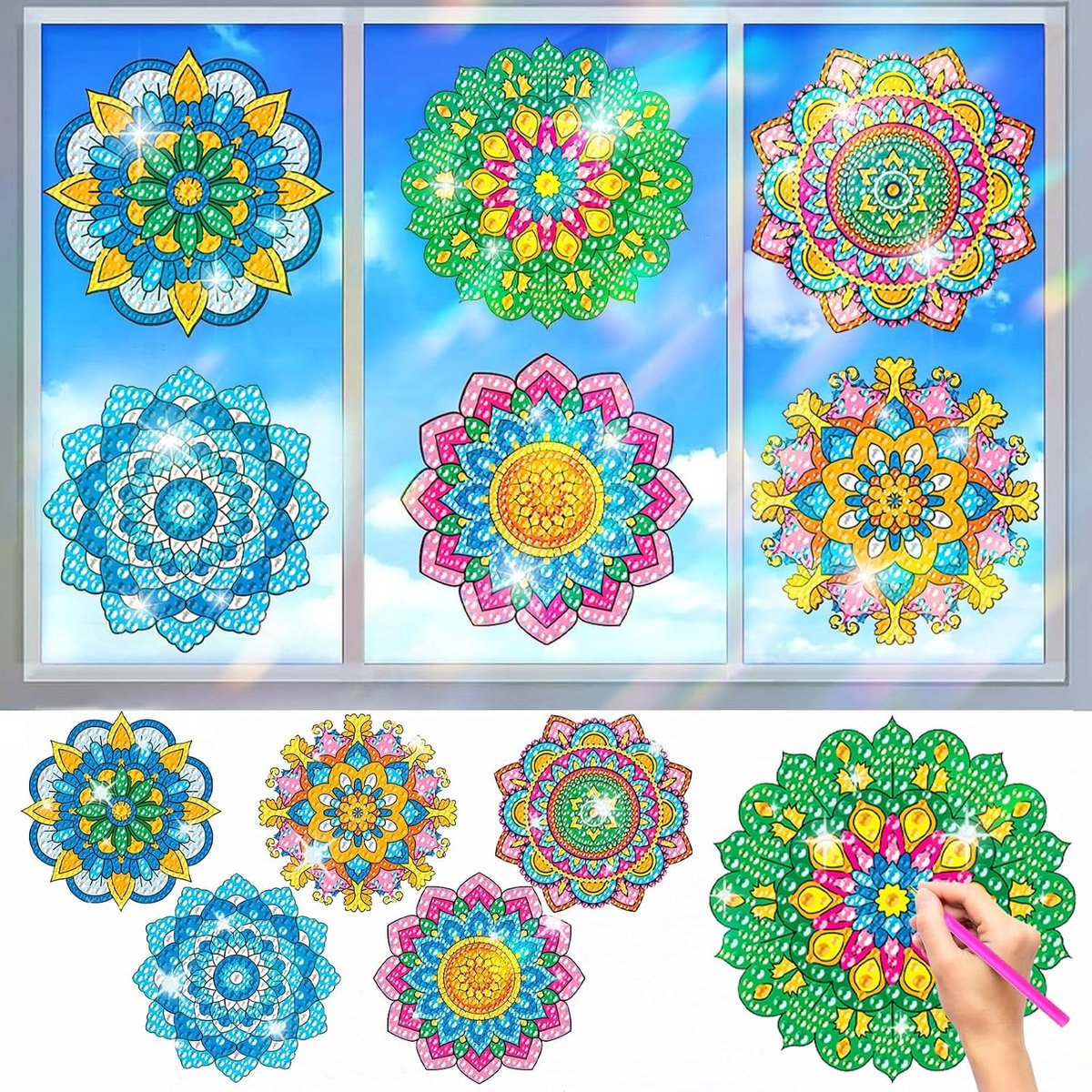 Diamond Art Venster Zonnevanger, 6 stuks Mandala Raamstickers Dubbelzijdig Diamant Schilderen Venster Zon Catchers voor Kinderen DIY Diamant Raamstickers voor Volwassen, Glas Deuren Decoratie