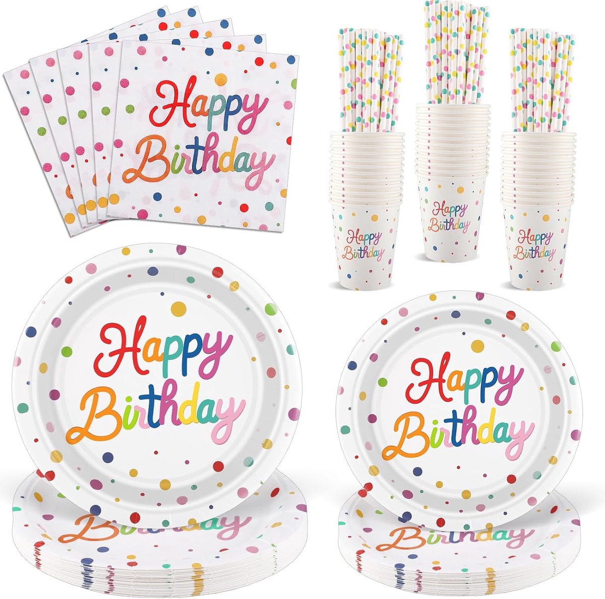 125 stuks papieren borden voor kinderverjaardag voor 25 gasten, feestservies, verjaardag, wegwerpborden, kleurrijke stippen, verjaardagsservetten, bekers en papieren rietjes voor babyfeestjes