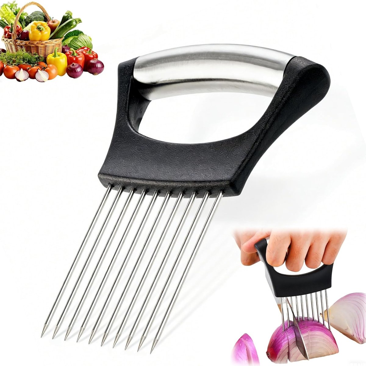 Slice Assistant, roestvrijstaal uiensnijder, uienhouder, groentesnijder, tomaat, groenten, fruit, aardappelsnijder