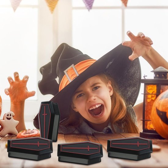 Dozen mini-doodskist Halloween miniatuurfiguren zwarte doodskist beeldje Halloween sarg-lekkernij miniatuur doodskist sieraden met deksel accessoires — afbeelding 4