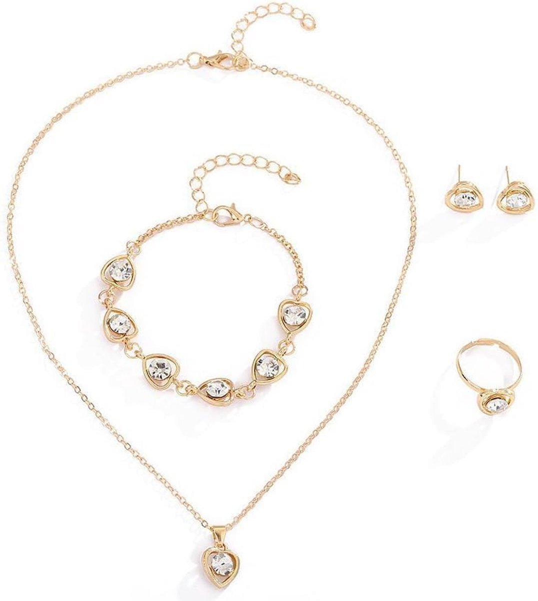 4 stuks sieradenset, zirkonia, hanger, halsketting, oorbellen, hart, armband en ring, sieradenset, feest, verjaardag, Kerstmis, Valentijnsdag, cadeaus voor dames en meisjes