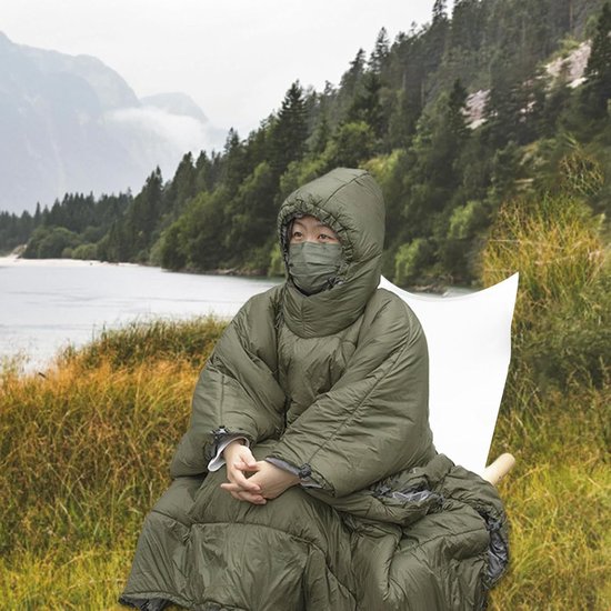 Camping Dekbed Poncho - Draagbare Slaapzak - Buitenactiviteiten - Winddichte Winterponcho - 140 x 113 cm - Groen van Camping — afbeelding 3