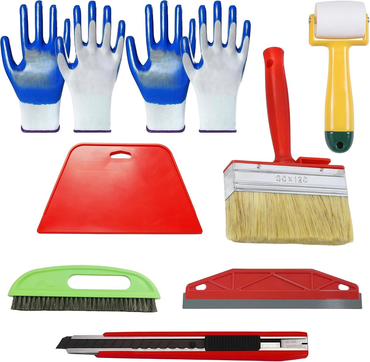 Set met behangwisser, rode mes, drukroller, snijmes & 30cm borstel handschoenen voor behanglijm, vliesbehang & raamfolie