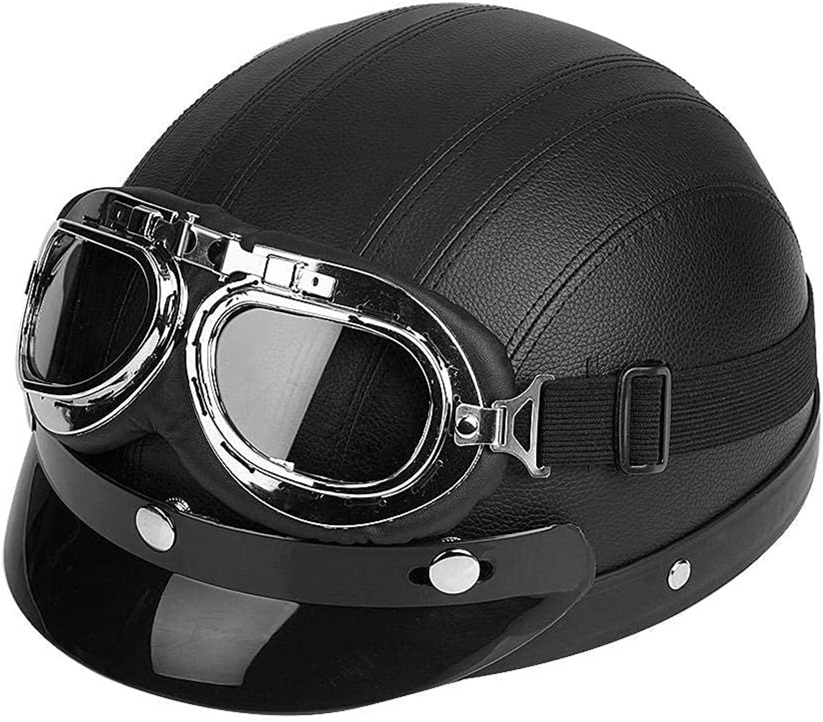 Motorhelm, jethelm, veiligheidsbril met vizier, lederen open helm, 54-60 cm (zwart)