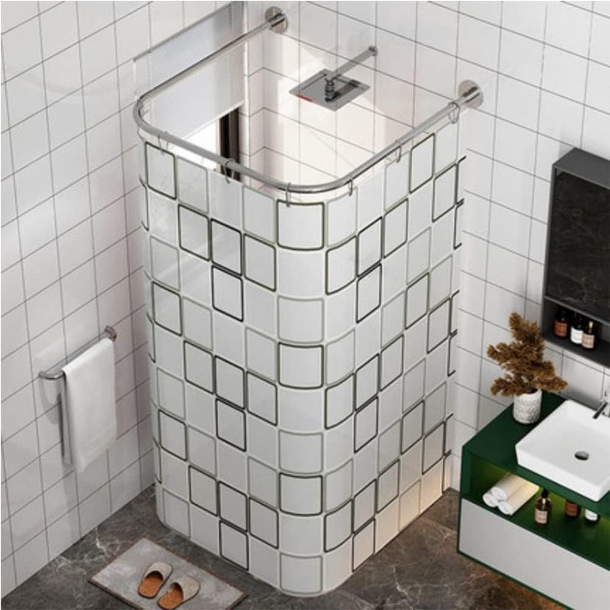 uyoyous Douchegordijnstang, U-vorm, hoek, douchegordijnstangen, roestvrij staal, verstelbare douchestang, zonder boren, badkuipril, rekbaar, voor badkamer, 85-120 cm
