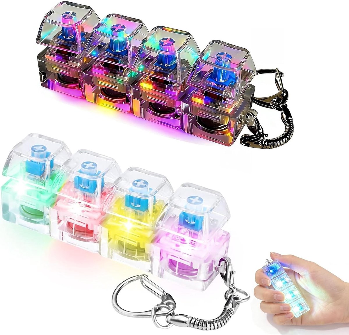2 stuks toetsenbord fidget speelgoed met ledlicht voor volwassenen en kinderen (A) | Fidget Toetsenbord Sleutelhanger Clicker, Transparant Mini Antistress Toys voor Stressvermindering, Kantoor, School, Reizen