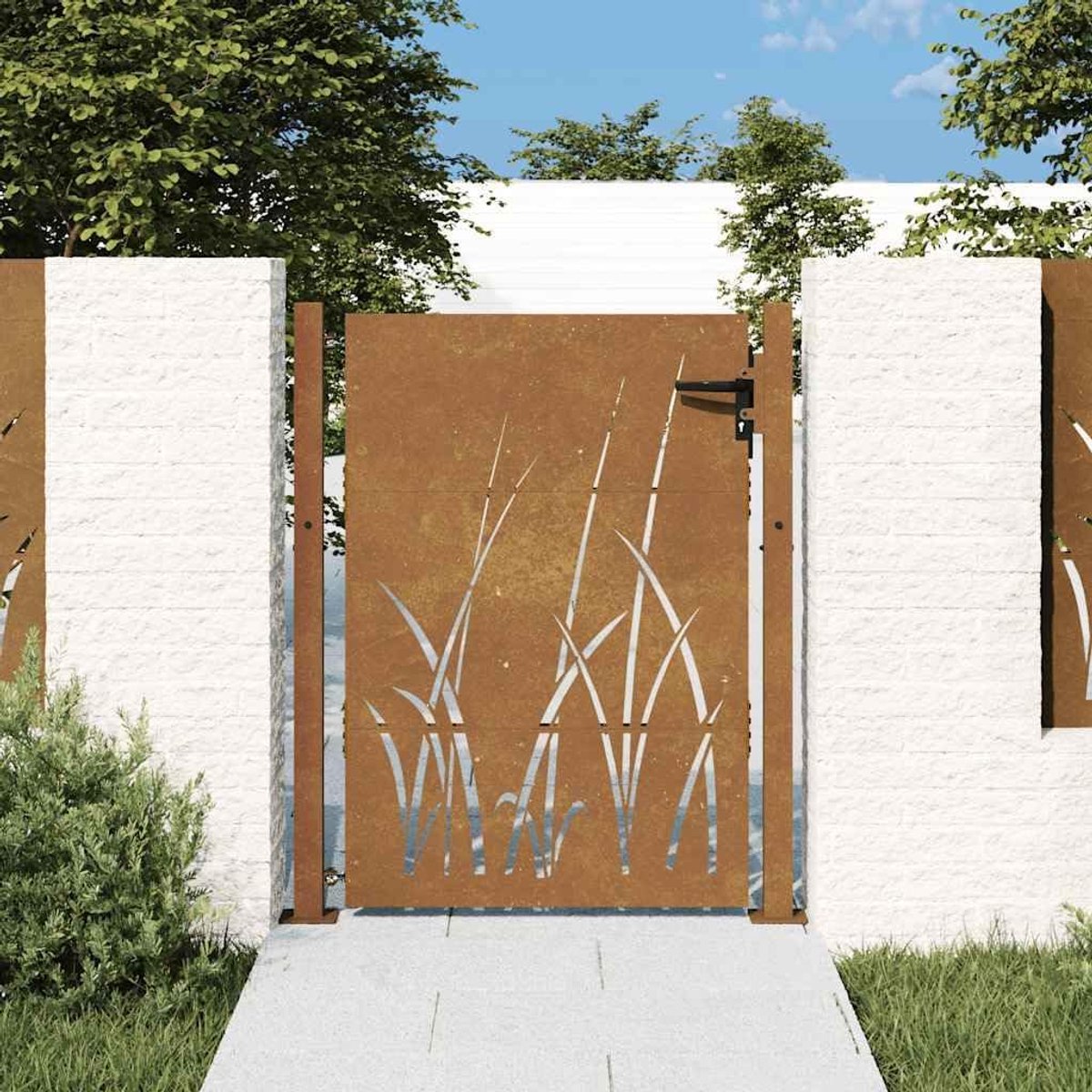 Tuinpoort 100x150 cm gras-design | Lasergesneden ontwerp, afsluitbaar, weerbestendig staal, 4 bevestigingsgaten
