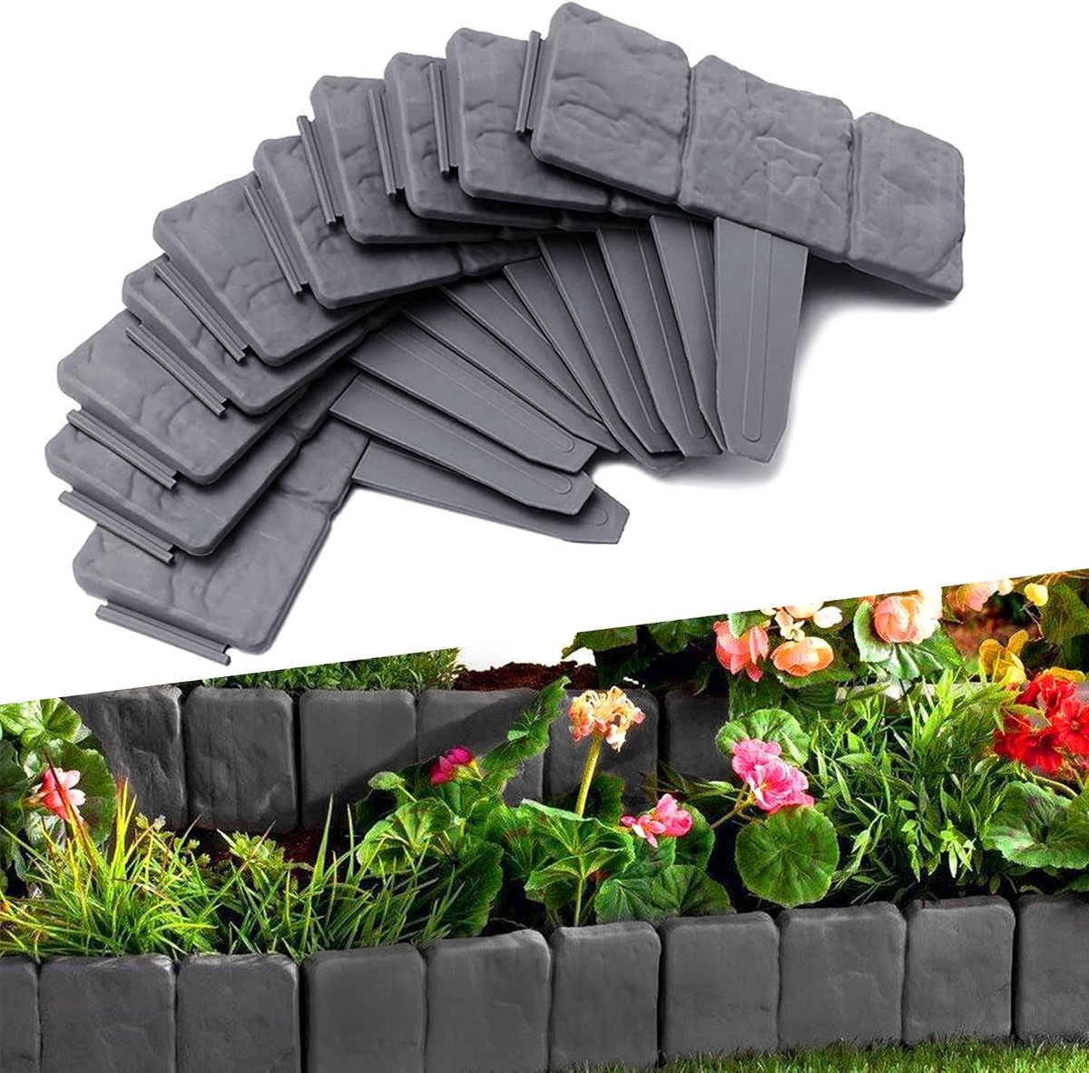 Gazonrand kunststof 5m steenlook 25x23cm, flexibele bloembed omranding maairand tuinpalissade 20 stuks