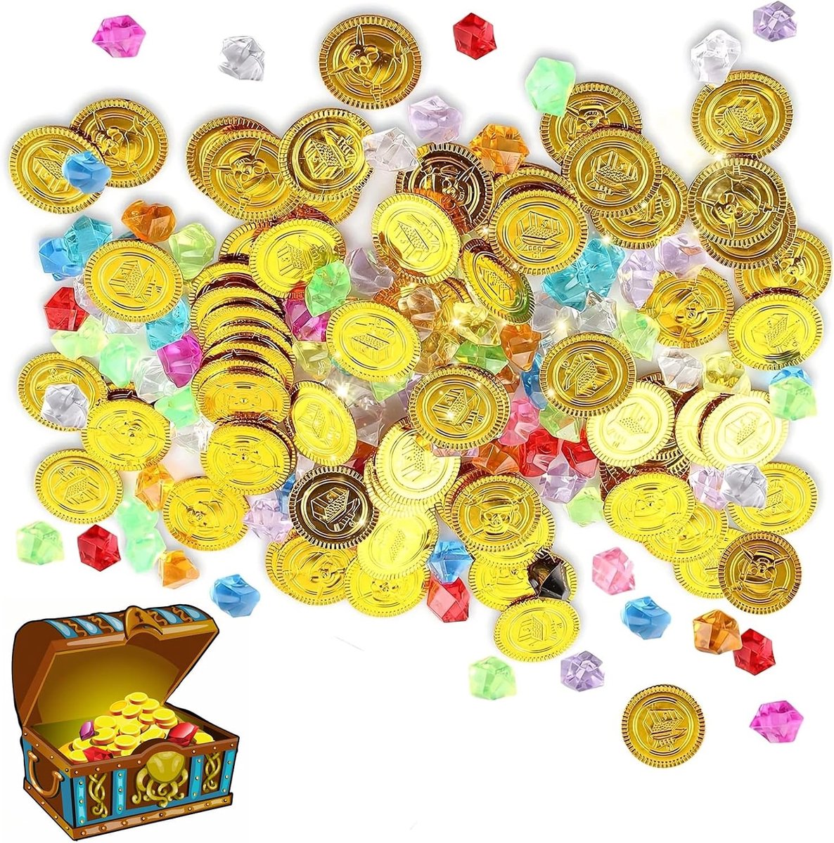Gouden munt, speelgeld voor kinderen, 100 stuks piratengoud, 50 gouden edelstenen, piratenfeest, cadeautje, schattenjacht