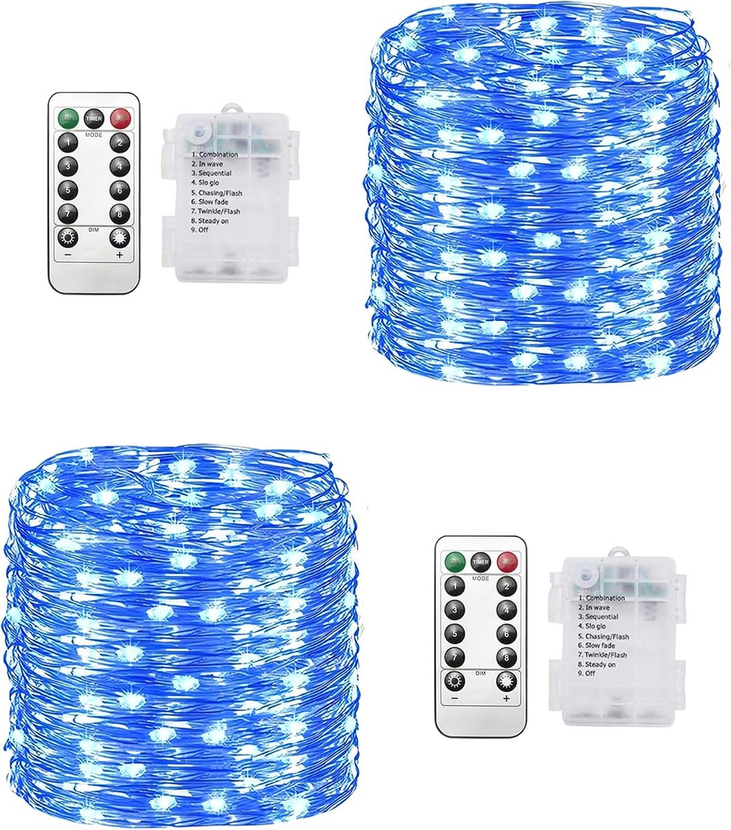 Lights 2 stuks, 10 m (32,8 ft) 100 LED twinkellichtjes op batterijen met afstandsbediening, 8 standen, timer en dimfunctie voor kerst, slaapkamer, binnen- en buitendecoratie (blauw, 20