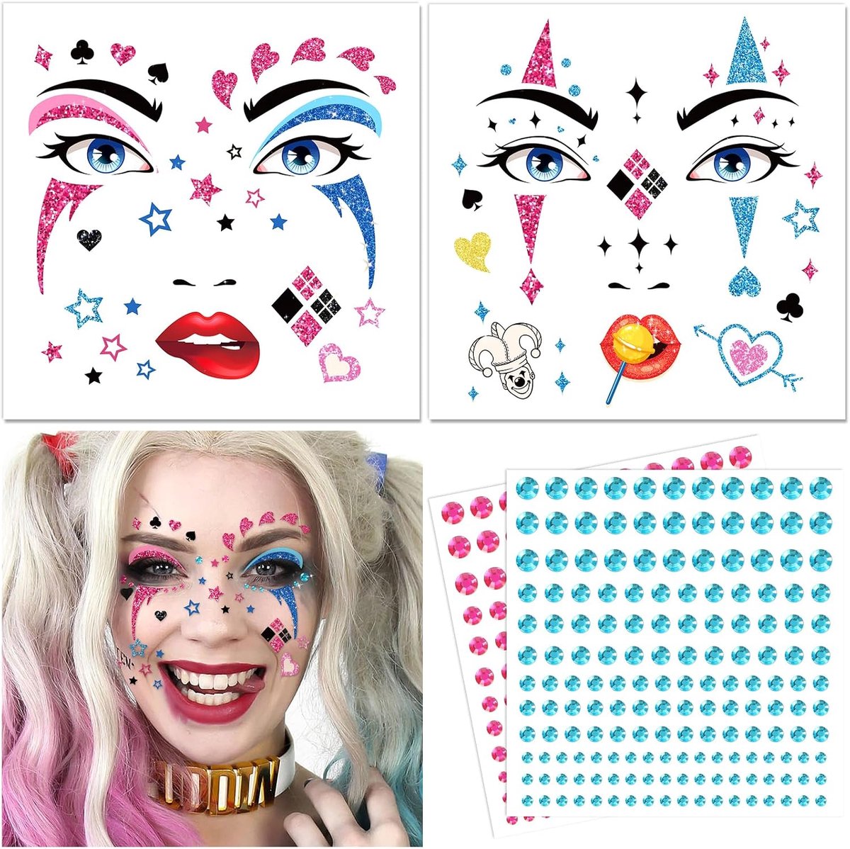 Harley Quinn Gezichtstatoebehoren voor Halloween, Carnaval, Kostuum, Tijdelijke Tatoeages, Glitterstenen, Gezicht Make-up, Themafeest, Cosplay