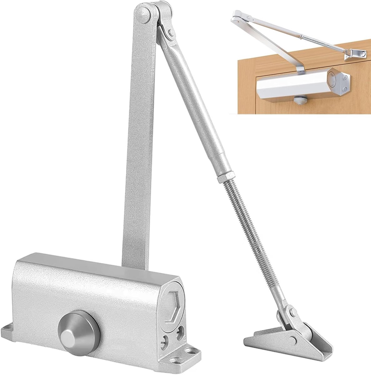 Deursluiter, automatisch, hydraulisch, met vergrendelingsfunctie, bovendeurafsluiter voor binnen- en buitendeur, instelbare veerdeursluiter voor 65-85 kg deuren, residentieel en commercieel, zilver