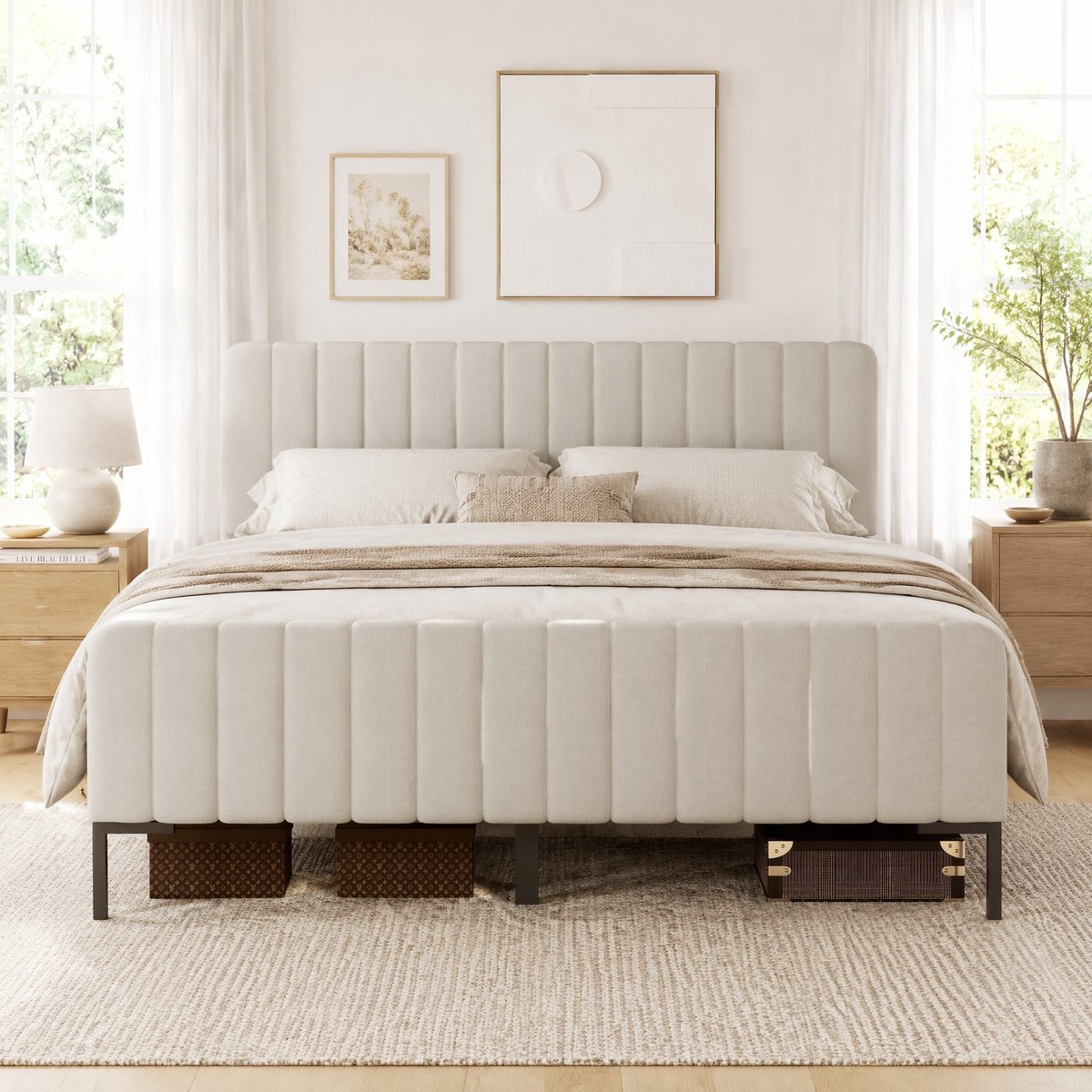 REDOM - Bedframe - Verstelbaar hoofdbord - Met lattenbodem en hoog voeteneind - Moderne stijl - Slaapkamer - Stof, hout en metaal - Grijs-Beige - 209 x 185 x 91-103 cm