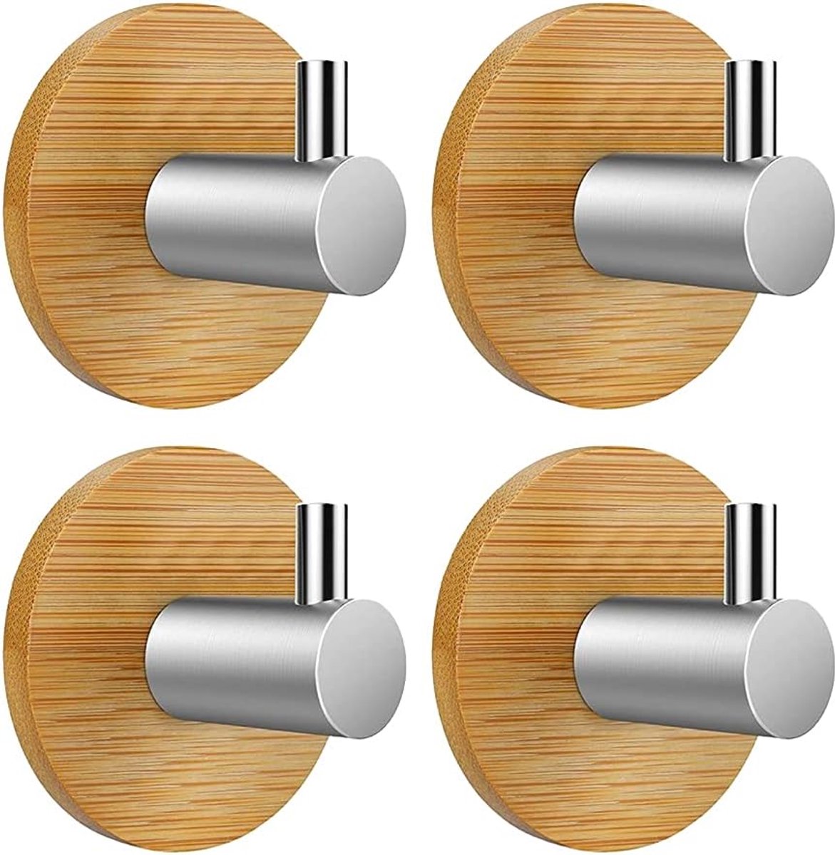 Haken zelfklevend 4-delig - bamboe en roestvrij staal - rond - geschikt voor badkamer en keuken - ShopVlot