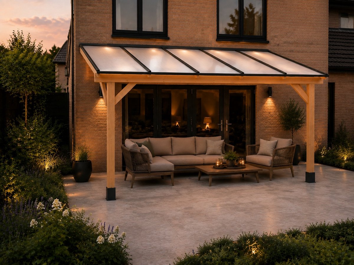 Luxe 5x3 m1 Douglas houten Veranda type Oslo met zware kwaliteit balken, dak van 16mm Polycarbonaat kleur opaal, compleet bouwpakket
