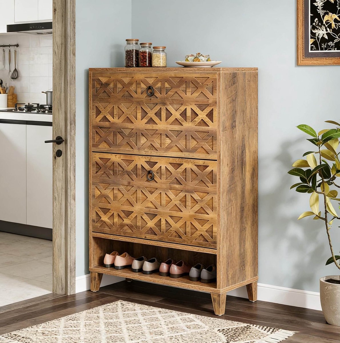 MIVRAY Schoenenkast – 80 x 24 x 110 cm – 2 Kleppen En Open Vak – MDF En Hout – Bruin – Voor Hal En Entree – Met Anti-Kantel