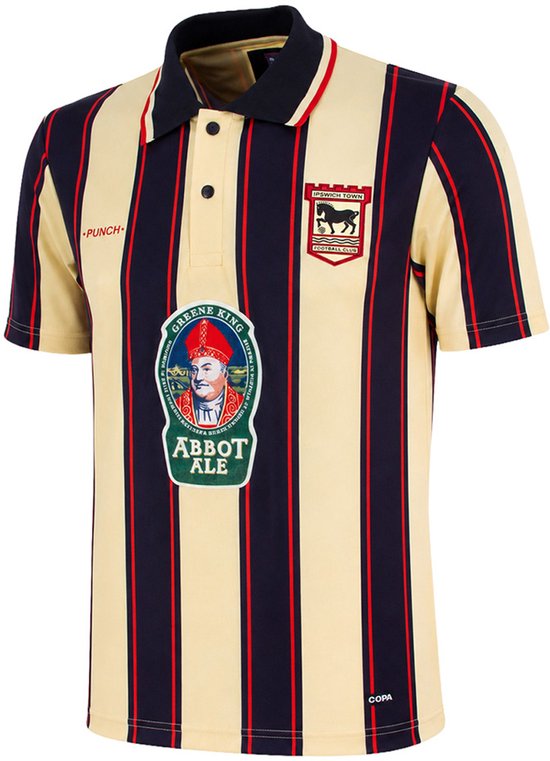 Lichtgeel poloshirt met verticale marineblauwe en rode strepen, Ipswich Town-logo en Abbot Ale-print.