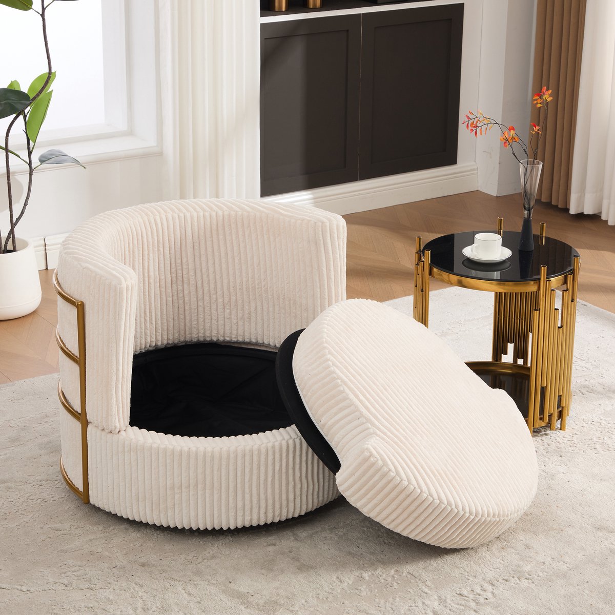MIVRAY Fauteuil 76 x 79 x 78 cm - 360 Graden Draaibaar Met Opbergruimte Onder Zitting - Voor Woonkamer En Slaapkamer - Cord Beige