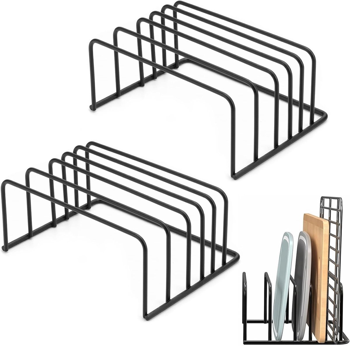 KZQ Stalen Snijplankhouder Set Van 2 Met 5 Vakken Voor 2 Diktes – Antislip Organizer Voor Snijplanken, Bakplaten En Pannendeksels, Ruimtebesparend