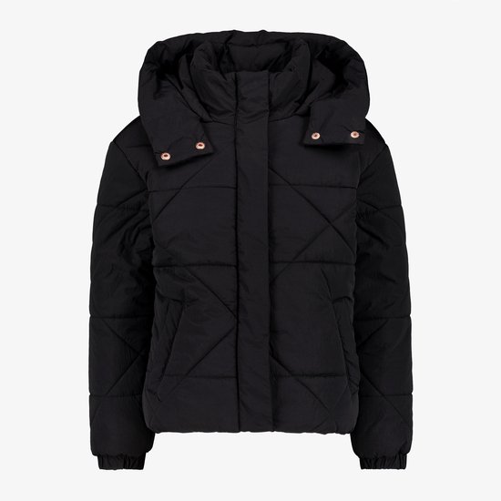 Zwarte, gewatteerde meisjes winterjas met capuchon en ruitpatroon.