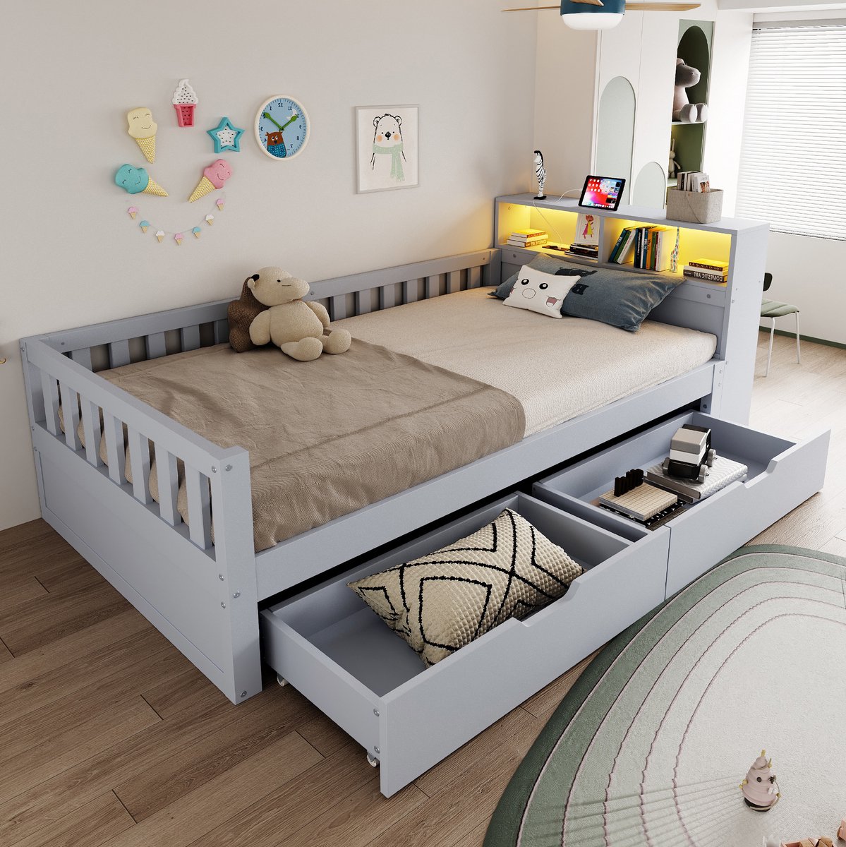 Houten Bed 90x200 cm - Met LED-Verlichting En Oplaadpunten - Met Opbergruimte En Lades - Kinder- En Jeugdkamer - Grijs - Zonder Matras