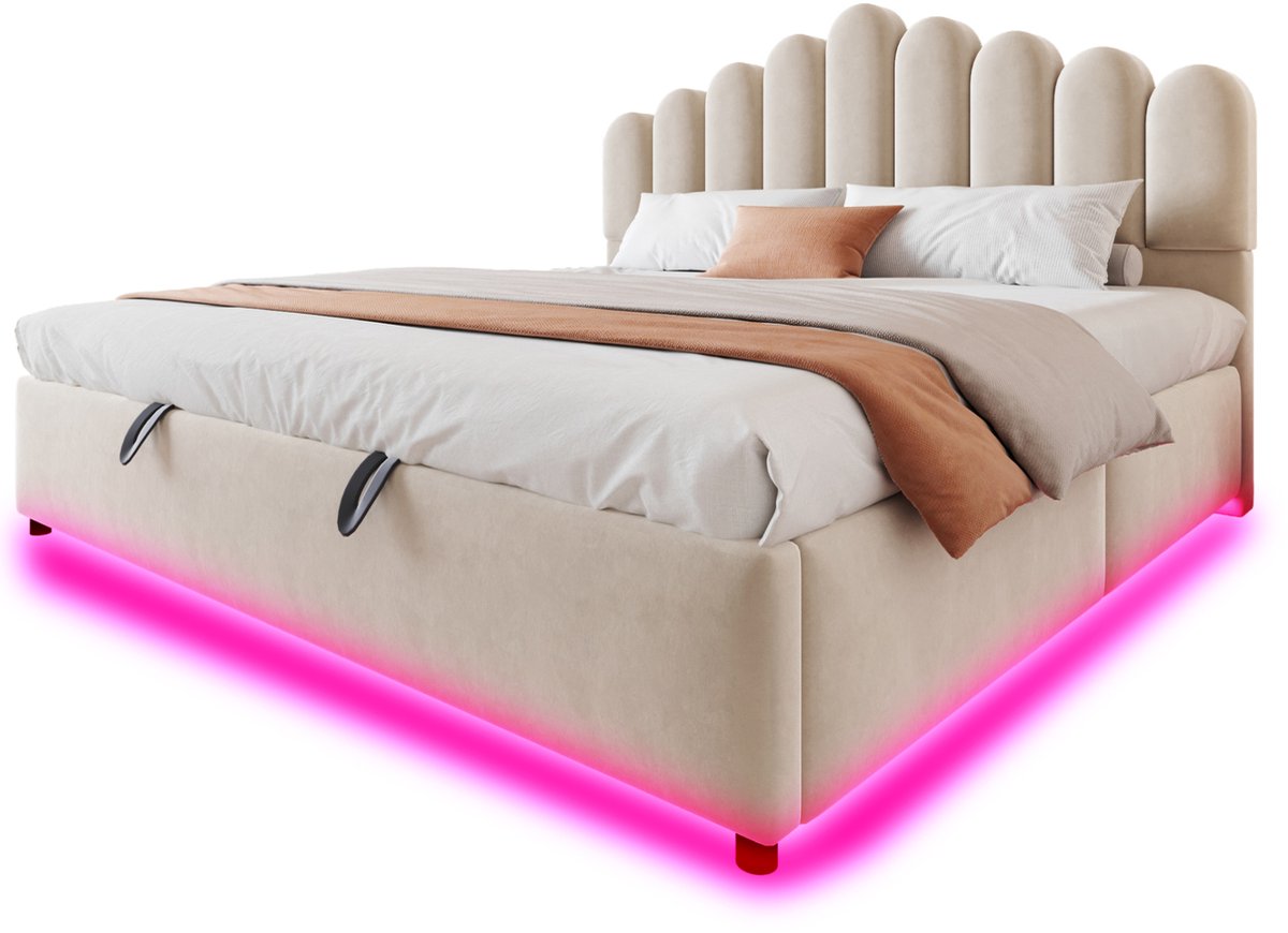 OKWISH Bed 180x200 cm - Tweepersoonsbed Met Hydraulische Opbergruimte en Ledverlichting - Met Lattenbodem - Zonder Matras - Stoffering - Beige