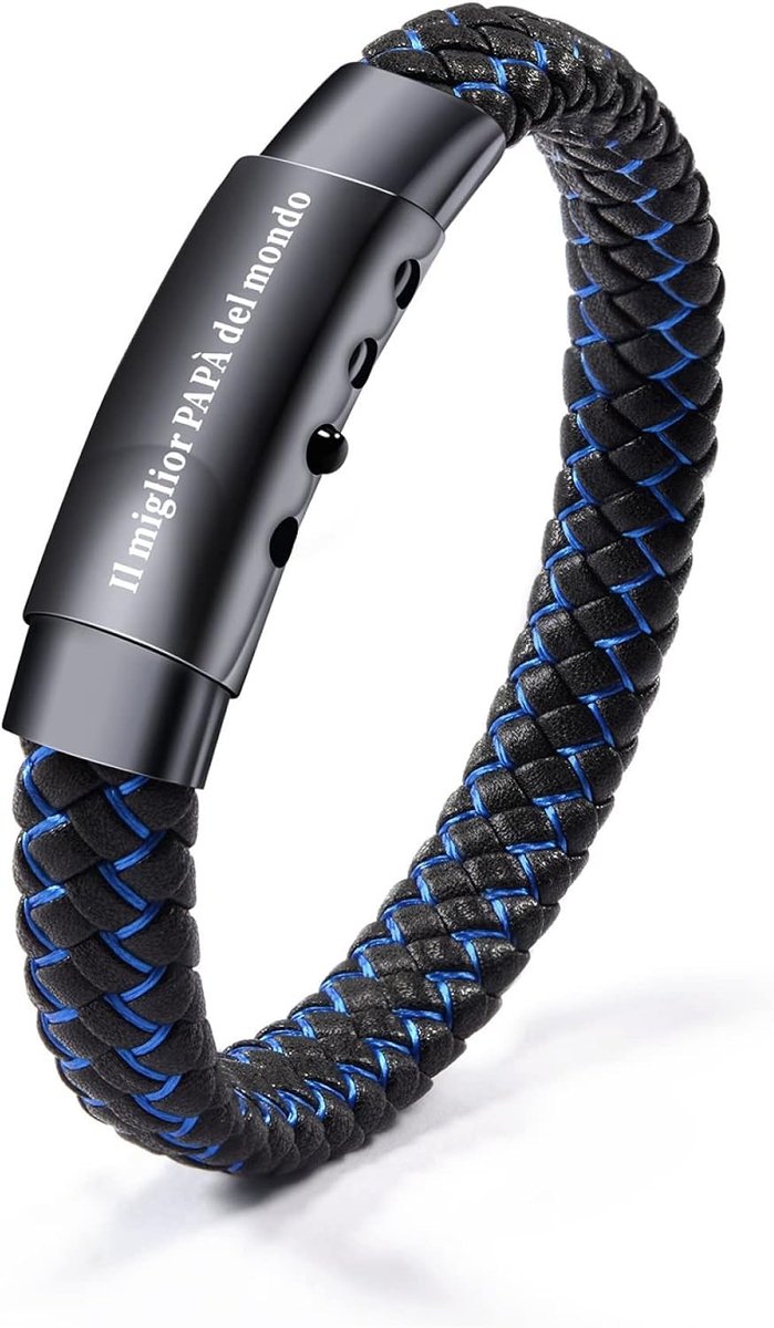 Bracciale Papà Migliore del Mondo - Regolabile In Pelle Intrecciata Blu - Incisione Laser - Perfecte Verjaardagscadeau - ShopVlot